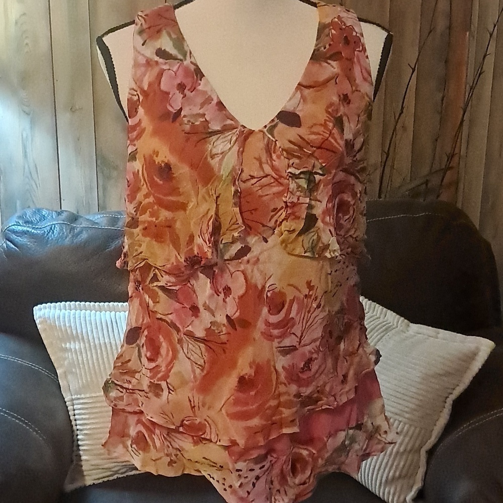 Giorgio Fiorlini Orange And Pink Floral Tiered 100% Silk Sleeveless Top  SZ L